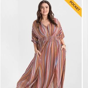 Tribal Split Dolman Sleeve Pocket Maxi Dress